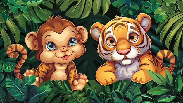 Foto an invitation card for an outdoor jungle party featuring cartoon monkeys and tiger cubs in the rainforest inspiring children with the wild nature exotic animals in the tropical forest modern