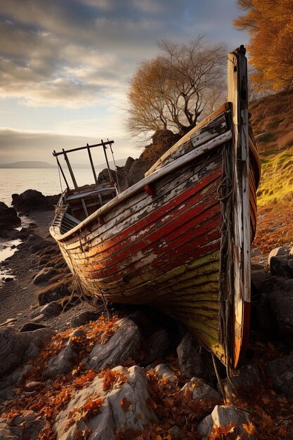 Foto an old boat that has been abandoned on the beach