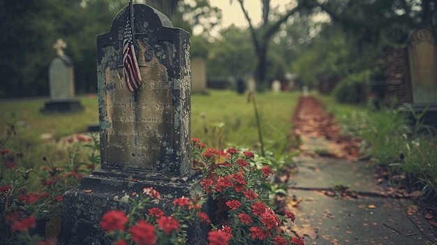 Foto an old tombstone with a tattered american wallpaper