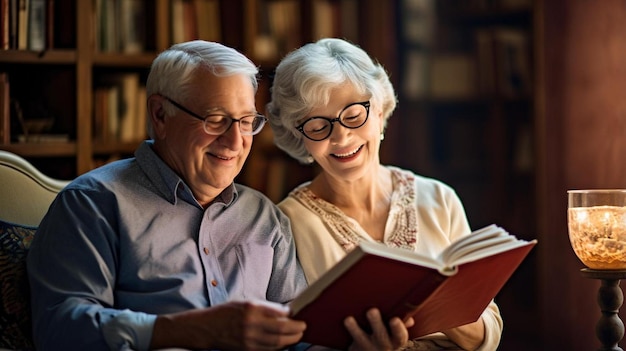 Foto an older couple reading a book together in a library