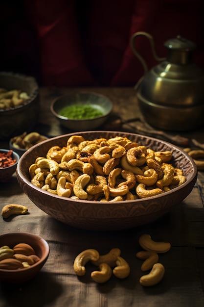 Foto anacardos en un bol cubierto con cacahuetes triturados