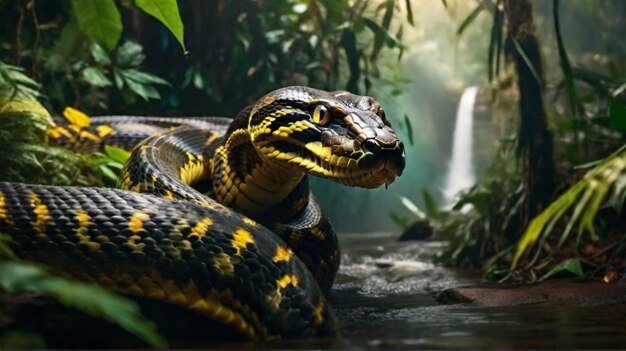 Foto anaconda gigante de ojos amarillos acechando a su presa