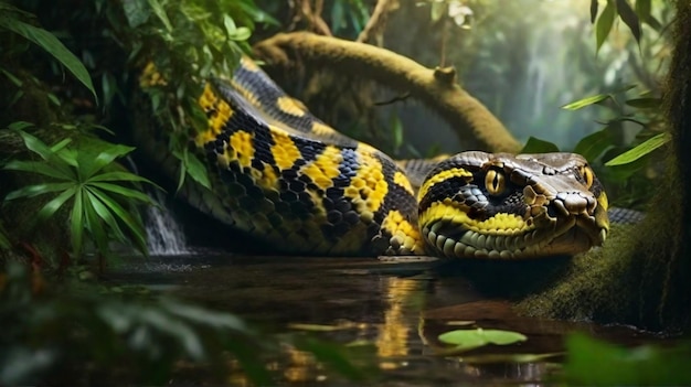 Foto anaconda gigante de ojos amarillos acechando a su presa