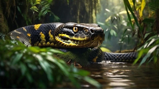 Foto anaconda gigante de ojos amarillos acechando a su presa