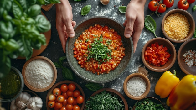 Foto añadiendo hierbas frescas a un colorido plato de tomate en un entorno de cocina