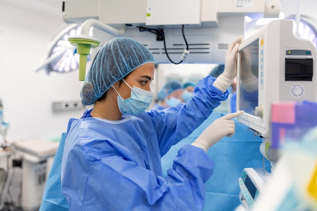 Anästhesist überprüft Monitore, während er den Patienten vor dem chirurgischen Eingriff im Operationssaal des Krankenhauses sediert Junge erwachsene Patientin schläft während der Operation auf dem Operationstisch