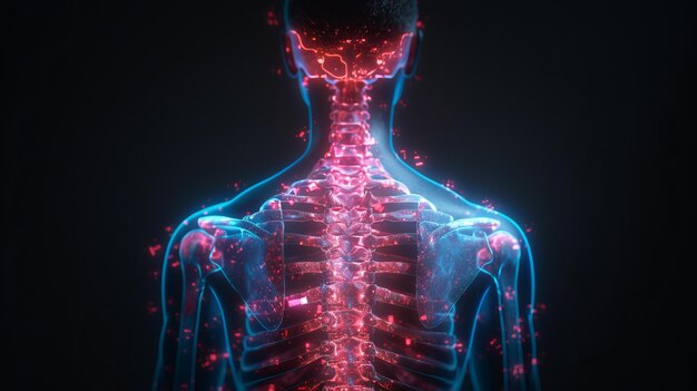 Análise científica da anatomia do corpo humano com vasos sanguíneos brilhantes da caixa torácica