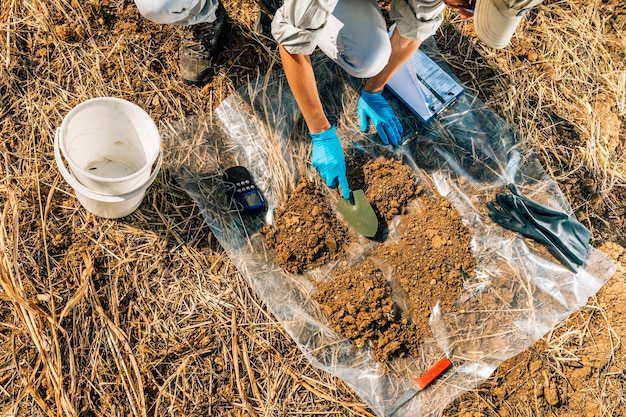 Análise da fertilidade do solo Agronoma feminina a recolher amostras de solo