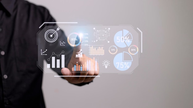 Análise de dados Business intelligence BI business analytics BA com indicadores-chave de desempenho Conceito de painel KPI com gráficos financeiros e relatório de mercado