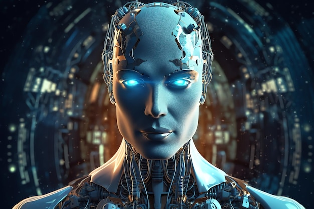 Análise de dados de robótica de tecnologia de renderização 3D ou ciborgue futurista com inteligência artificial