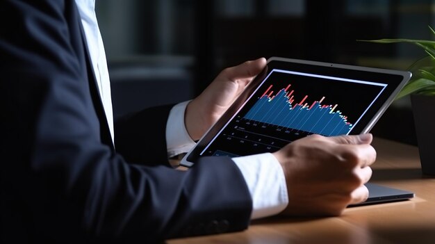 análise de dados holograma em tablet empresário olhando para a análise de dados investidor aumentando a participação nos lucros relatório de mercado de ações reunião ou discussão de gráficos e gráficos no escritório