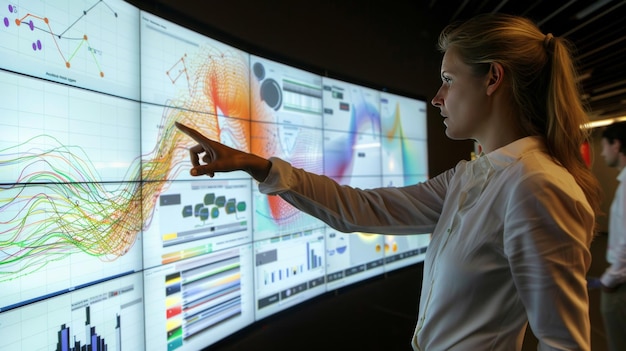 Foto analise de negócios em uma grande tela sensível ao toque gráficos de dados interativos ar 169 job id b47ab87be6b24e39a84235accbc09ab6