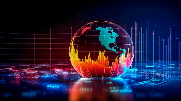 Análise do crescimento global de negócios e rede de investimento em ativos e banner de conceito de desenvolvimento de troca de dados feito com Generative AI