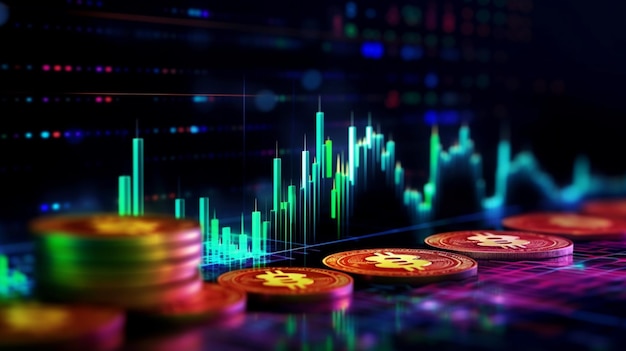 Análise do mercado de Bitcoin e criptomoeda Gráfico conceitual e gráfico de flutuação para dinheiro digital