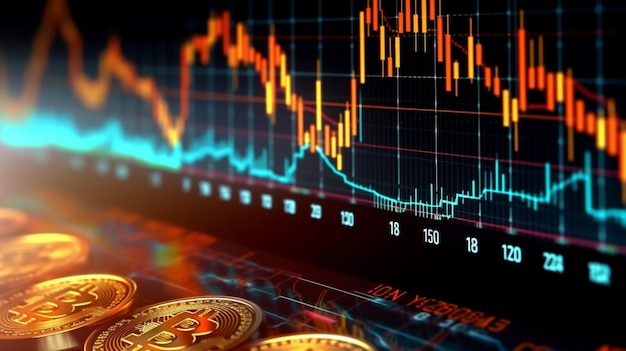 Análise do mercado de Bitcoin e criptomoeda Gráfico conceitual e gráfico de flutuação para dinheiro digital