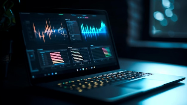 Análise e análise de negócios on-line por meio de software para laptop Aplicativo de painel com dados de gráficos de análise corporativa, investimentos comerciais e gerenciamento financeiro Generative AI