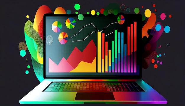 Foto análise e análise de negócios on-line via software de laptop aplicativo de painel com dados de gráficos de análise corporativa, investimentos, gerenciamento de finanças e ia generativa