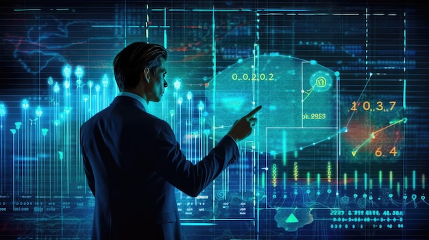 Análise gráfica de um empresário a tocar uma tela virtual