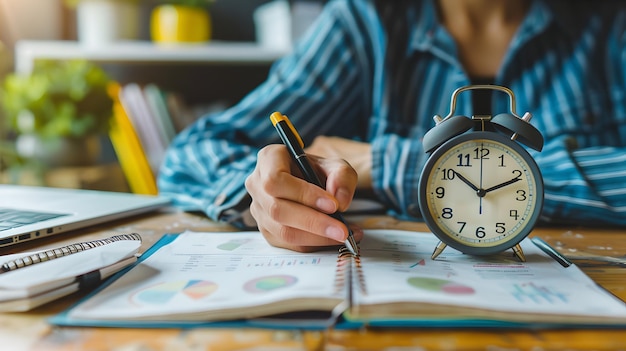 Análise individual focada de dados com caneta na mão Configuração de escritório com relógio e gráficos Tema de produtividade e gestão do tempo Vestuário de trabalho casual AI