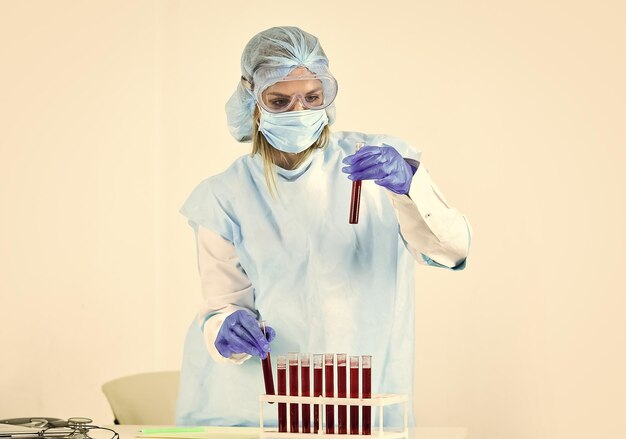 Análise laboratorial faz teste de vírus surto de pandemia de coronavírus Equipamento médico Exame de sangue Cientista trabalha com amostra de sangue em laboratório médico feminino fazendo experimento de reação química