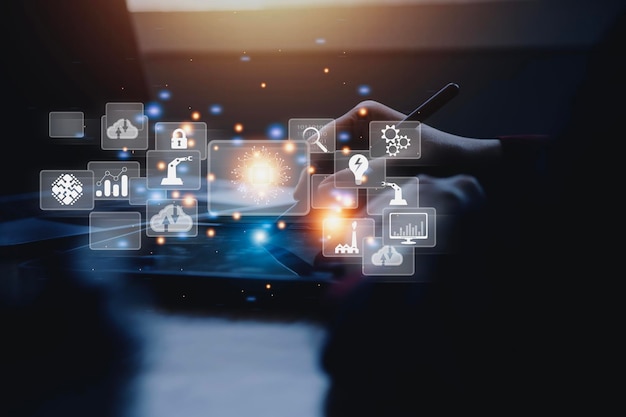 Análisis de big data y concepto de inteligencia empresarial con iconos de gráficos y gráficos en una interfaz de pantalla digital y un hombre de negocios en segundo plano.