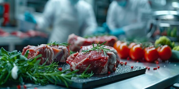 Foto análisis de carne y verduras en el laboratorio en condiciones de laboratorio generativo ai