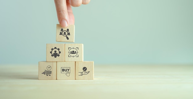 Análisis del comportamiento del cliente Concepto de marketing Decisión de compra del consumidor Mantenimiento de cubos de madera con icono de análisis del cliente De pie con icono del comportamiento del consumidor Cuándo, cómo compran y expectativas