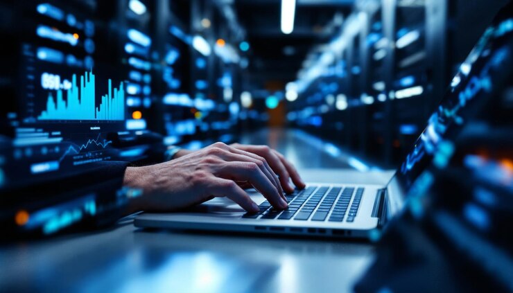 Foto análisis de datos acción tecnología de la sala de servidores ambiente espacio de trabajo digital handson uso de portátil