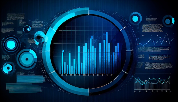 Análisis de datos comerciales y análisis de los conocimientos de los clientes con gráficos de fondo azul abstracto IA generativa