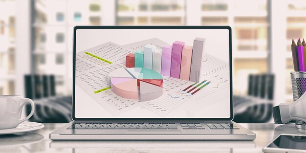 Análisis de datos en una computadora portátil ilustración 3d