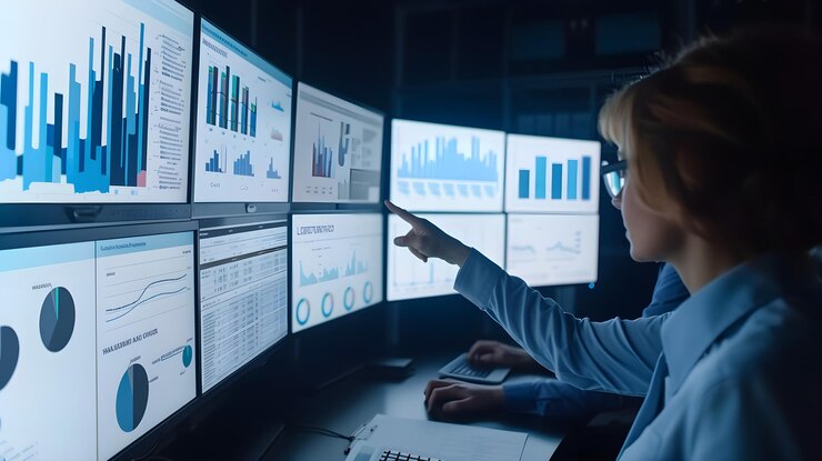 Foto análisis de datos financieros en múltiples pantallas en una oficina moderna