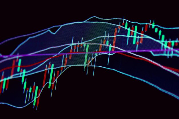 Análisis de datos gráficos Gráfico para averiguar el resultado en el mercado comercial Conjunto de trabajo para analizar estadísticas financieras y analizar datos de mercado Fondo negro oscuro