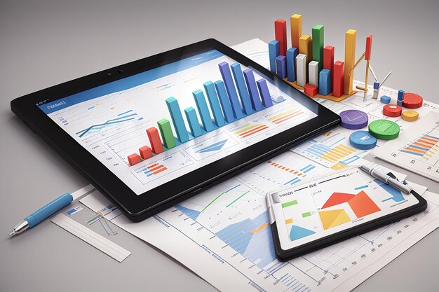 Análisis de datos de gráficos de informes financieros en 3D y tableta de concepto de desarrollo web con gráfico de datos
