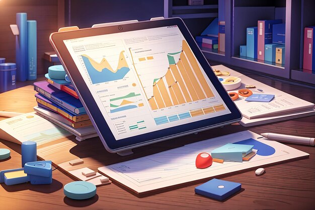 Análisis de datos de gráficos de informes financieros en 3D y tableta de concepto de desarrollo web con gráfico de datos