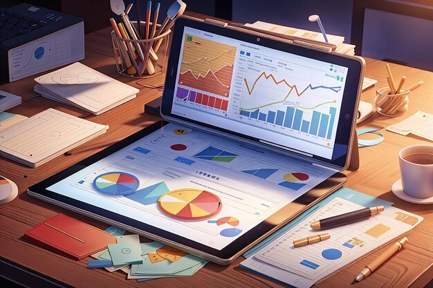 Análisis de datos de gráficos de informes financieros en 3D y tableta de concepto de desarrollo web con gráfico de datos