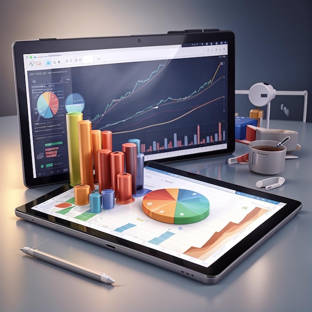 Análisis de datos de gráficos de informes financieros en 3D y tableta de concepto de desarrollo web con gráfico de datos