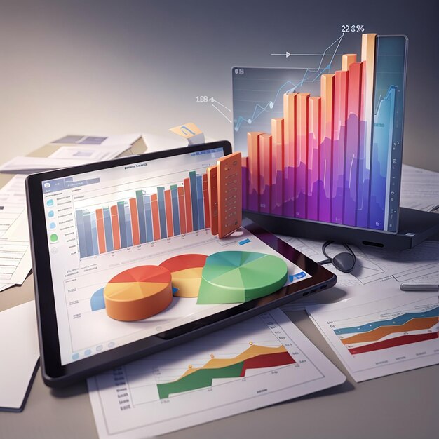 Análisis de datos de gráficos de informes financieros en 3D y tableta de concepto de desarrollo web con gráfico de datos