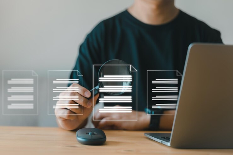 Foto análisis de datos, un informe anual y un hombre de verificación de resultados con una lupa. los documentos comerciales se escanean como documentos electrónicos en línea.