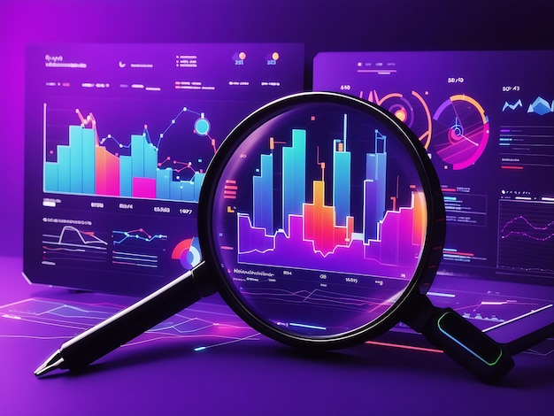 Análisis de datos optimización de motores de búsqueda o gráficos de lupa SEO gráficos ultravioleta y neón