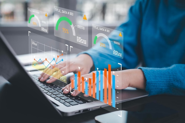 Análisis de datos de trabajo y sistemas de gestión de datos y métricas conectados a la base de datos de estrategia corporativa para Financial Intelligence Business Analytics con indicadores clave de rendimiento red social