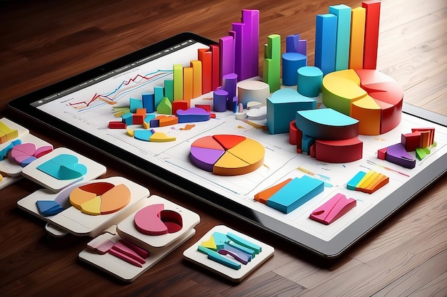 Foto análisis de diagramas con muchos gráficos coloridos en una tableta renderización 3d