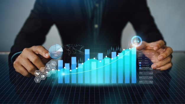 Análisis de estrategia empresarial big data y crecimiento económico con tecnología digital gráfica financiera.