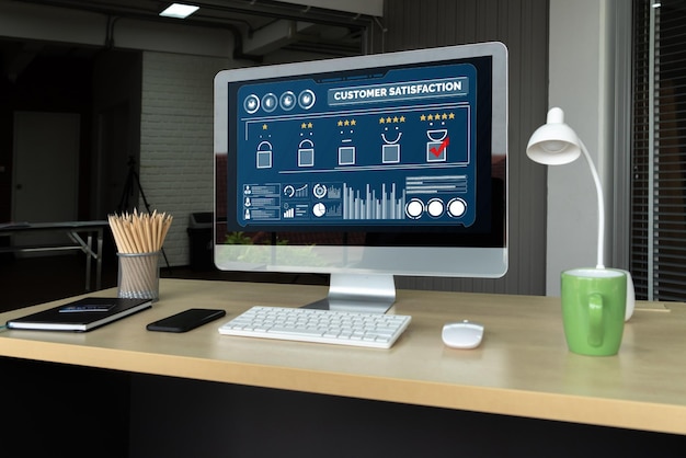Foto análisis de evaluación y satisfacción del cliente en una computadora de software moderna para la planificación de estrategias de marketing