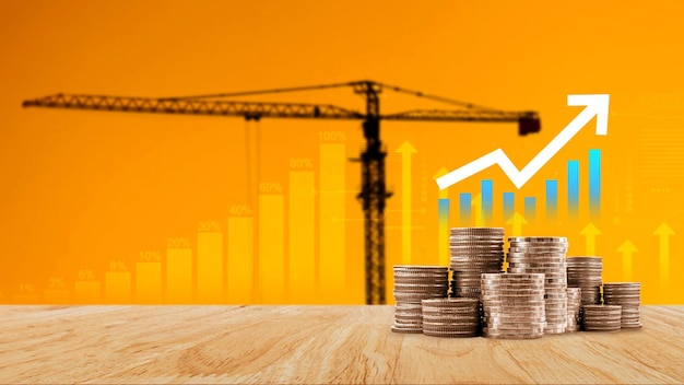 Análisis global del crecimiento empresarial y gráfico de inversión de activos Negocios y finanzas Gráfico económico de flecha hacia arriba Análisis mundial de tendencias económicas Análisis de gráficos financieros y pila de monedas