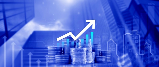 Análisis global del crecimiento empresarial y gráfico de inversión de activos Negocios y finanzas Gráfico económico de flecha hacia arriba Análisis mundial de tendencias económicas Análisis de gráficos financieros y pila de monedas