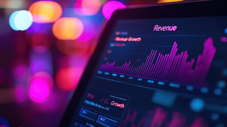 Análisis del gráfico de crecimiento de los ingresos del comercio electrónico en la pantalla de la tableta con espacio de copia para información de transacciones digitales de texto