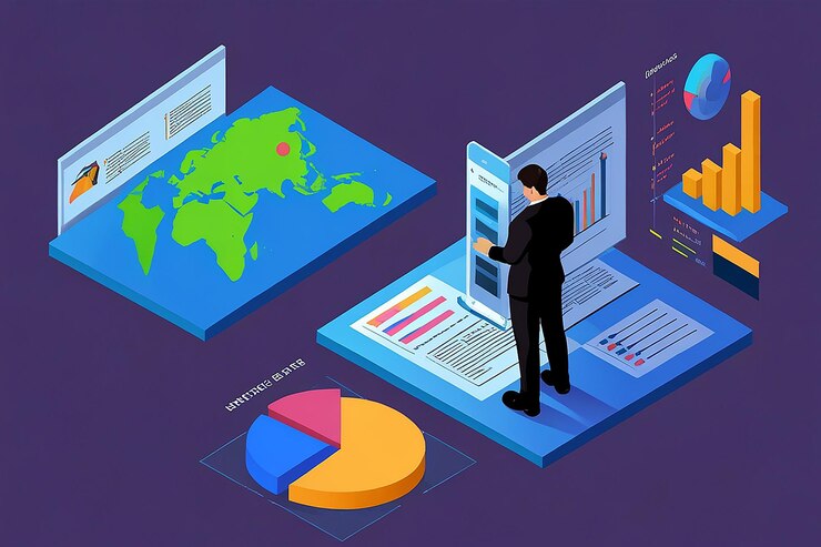 Foto análisis isométrico plano 3d del hombre de negocios datos comerciales del mundo