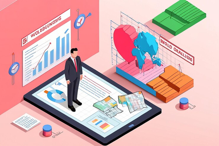 Foto análisis isométrico plano 3d del hombre de negocios datos comerciales del mundo