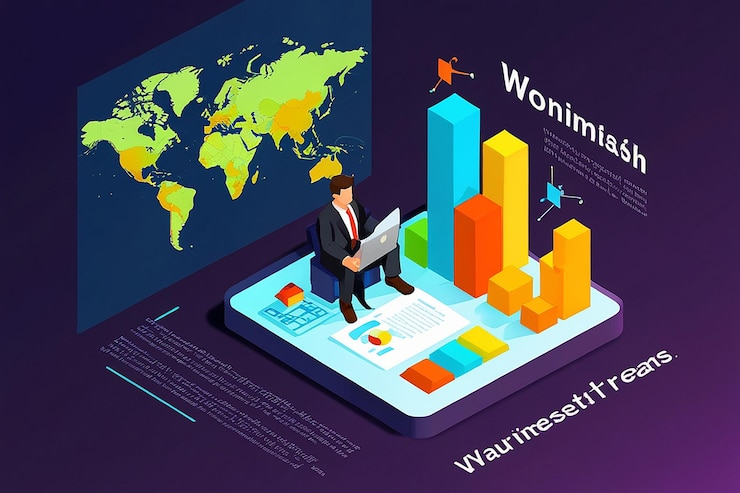 Foto análisis isométrico plano 3d del hombre de negocios datos comerciales del mundo