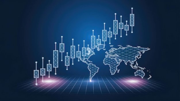 Análisis del mercado bursátil global con gráfico de vela y mapa del mundo